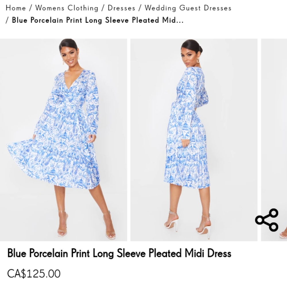 Pretty little things blue porecelain print long sleeve pleated midi dress